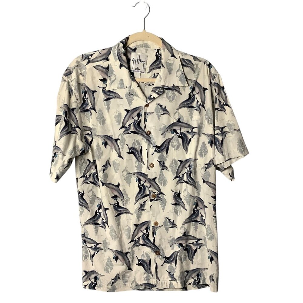 Guy Harvey Bluewater Wear Dolphin Shells Print Men Medium Short Sleeve‎ Shirt